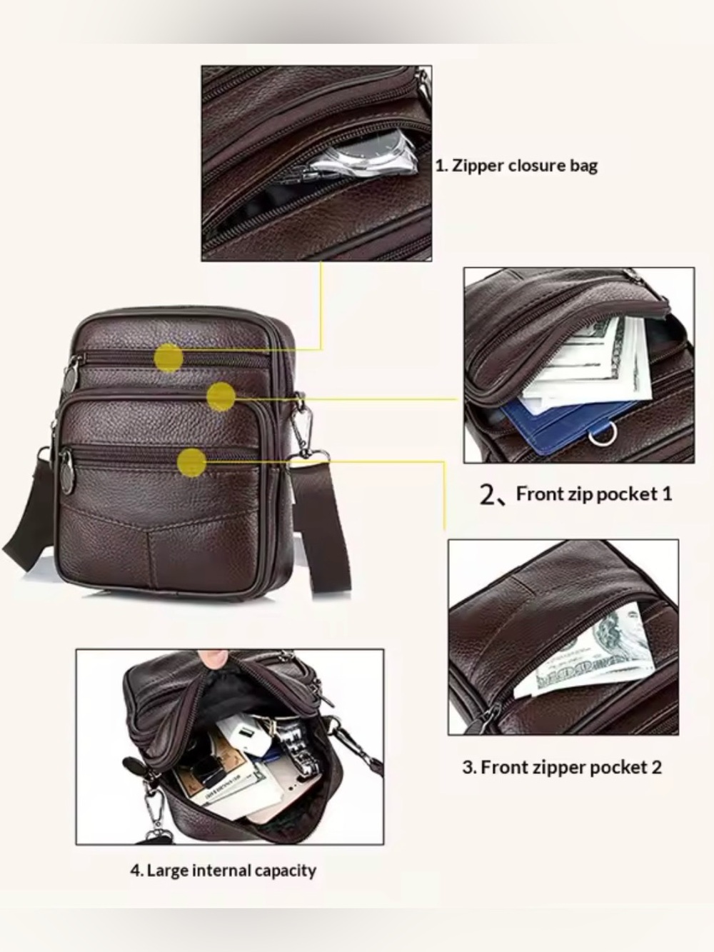 New Genuine Leather Crossbody Bag Vertical Trendy Multifunctional Shoulder Bag - Picture 7 of 7